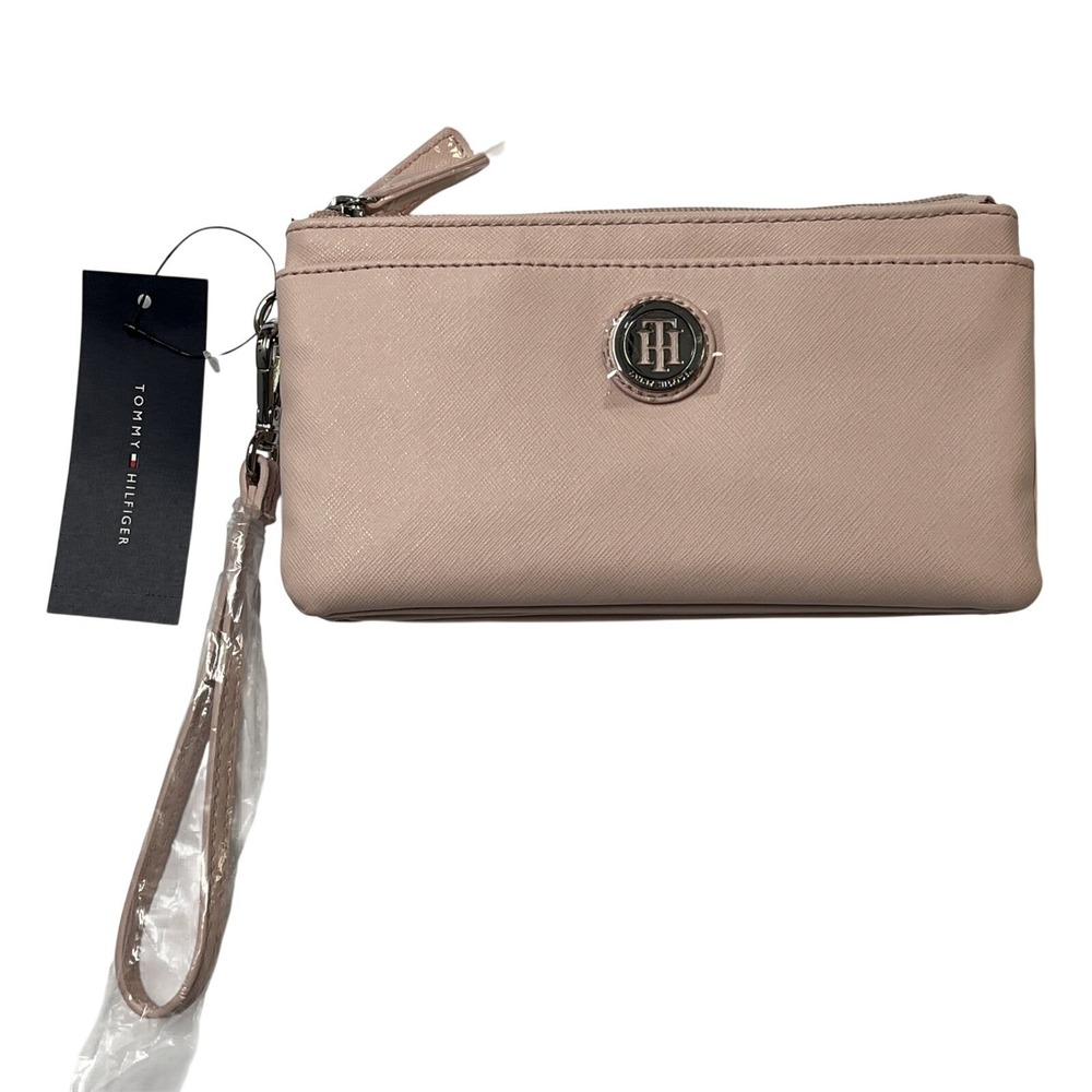 Tommy Hilfiger Wristlet Wallet Pink Faux Leather 3 Compartment Clutch Preppy